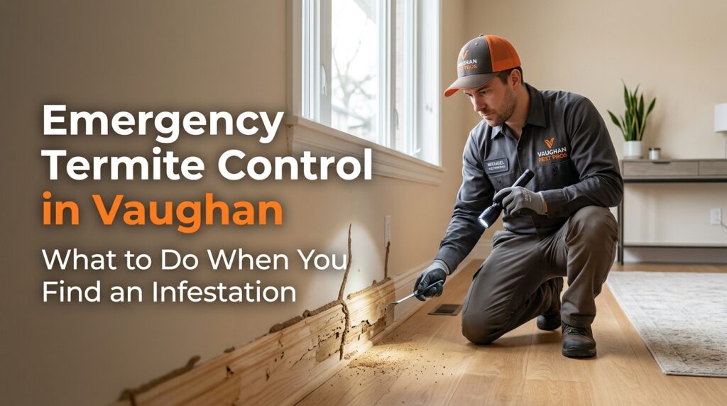 Professional termite control technician inspecting and treating termite damage inside a home in Vaughan, Ontario. Emergency termite control Vaughan service for active termite infestation and wooden wall damage.